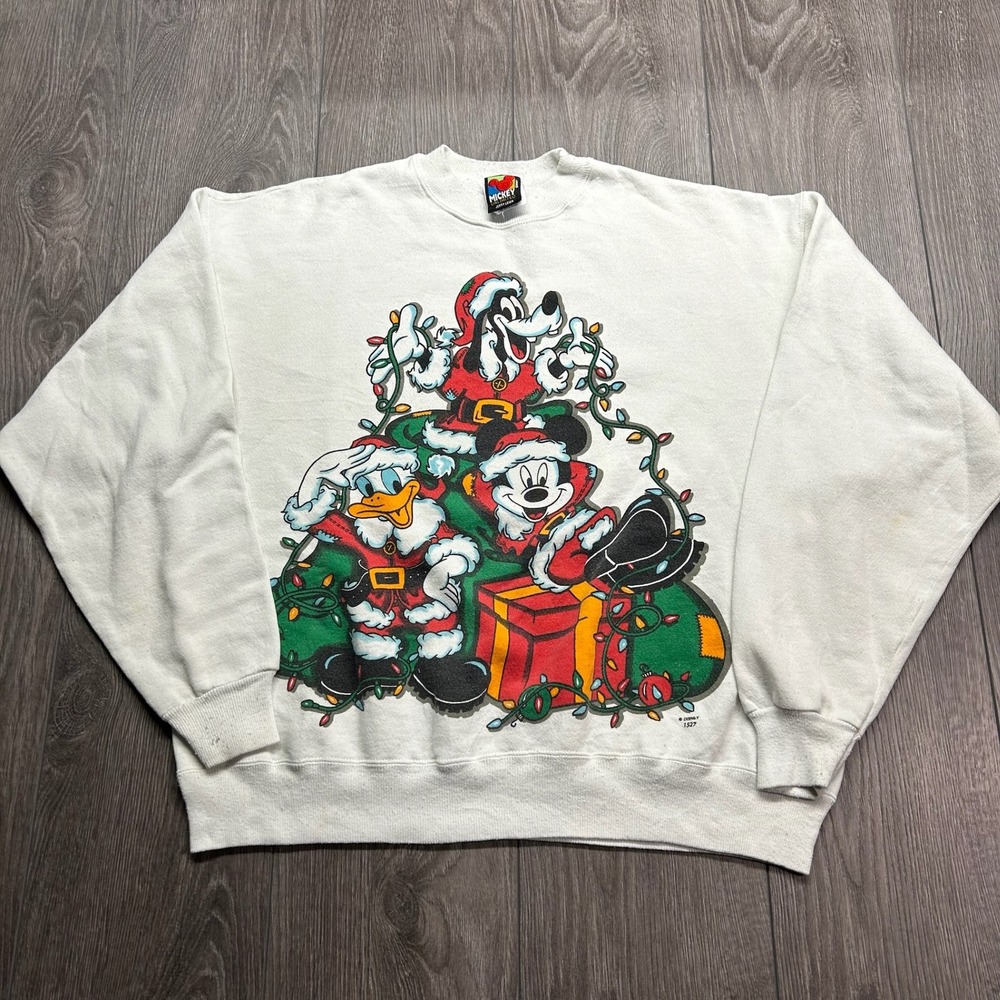 Vintage Mickey Unlimited Jerry Leigh Christmas Sweatshirt Mens White Disney 90s